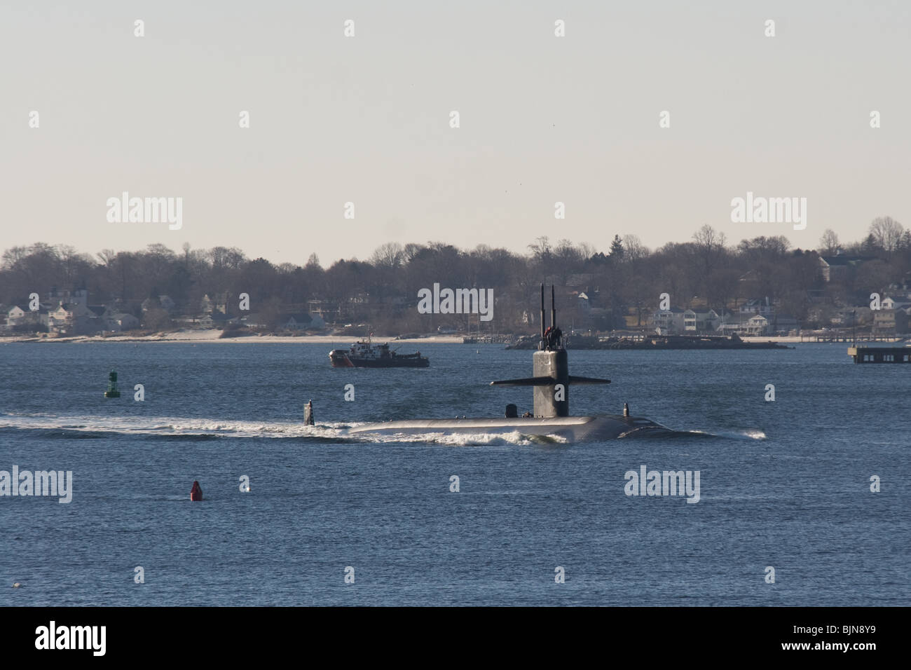 Un US Navy Los Angeles classe attacco rapido teste sottomarino a nord del Tamigi, New London, Connecticut Foto Stock