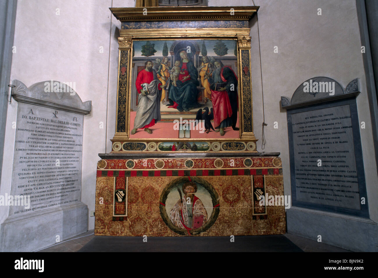 Pittura a legno di Donnino e Agnolo di Domenico del Mazziere, cappella Ubertini Baldelli, chiesa di Santo Spirito, Firenze, Toscana, Italia Foto Stock