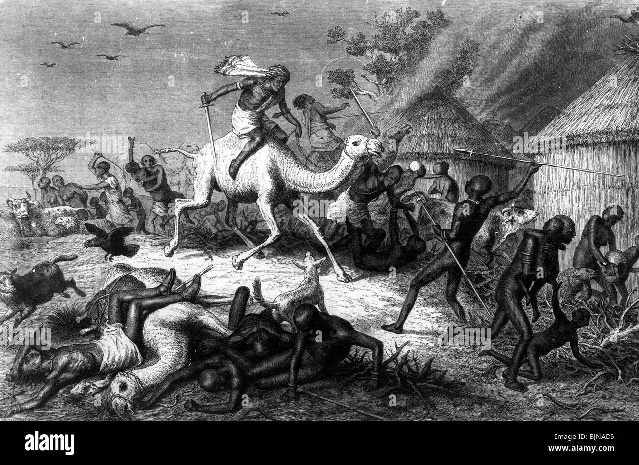 Schiavitù, hount schiavo in Africa, invasione beduini in un villaggio, incisione del legno, 19th secolo, storico, storico, commerciale, driver schiavo, nativo, uomo indigeno, donna indigena, popolazioni indigene, popoli tribali, africani, cammello, rider, caccia alla donna, etnica, etnologia, nomade, nomadi, Foto Stock