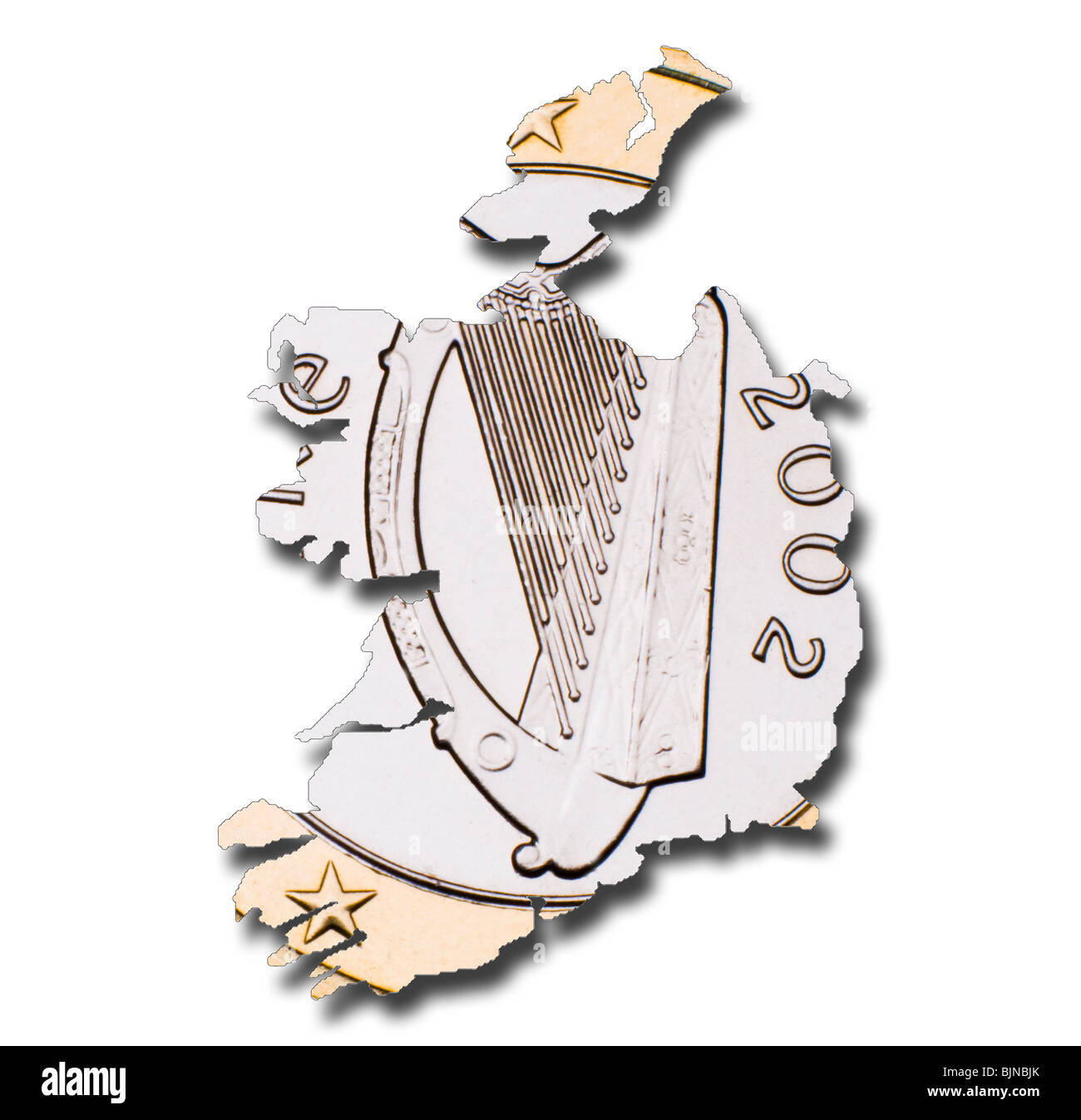 Irish 1 Euro moneta (retromarcia) nella mappa della Repubblica di Irlanda con ombra Foto Stock