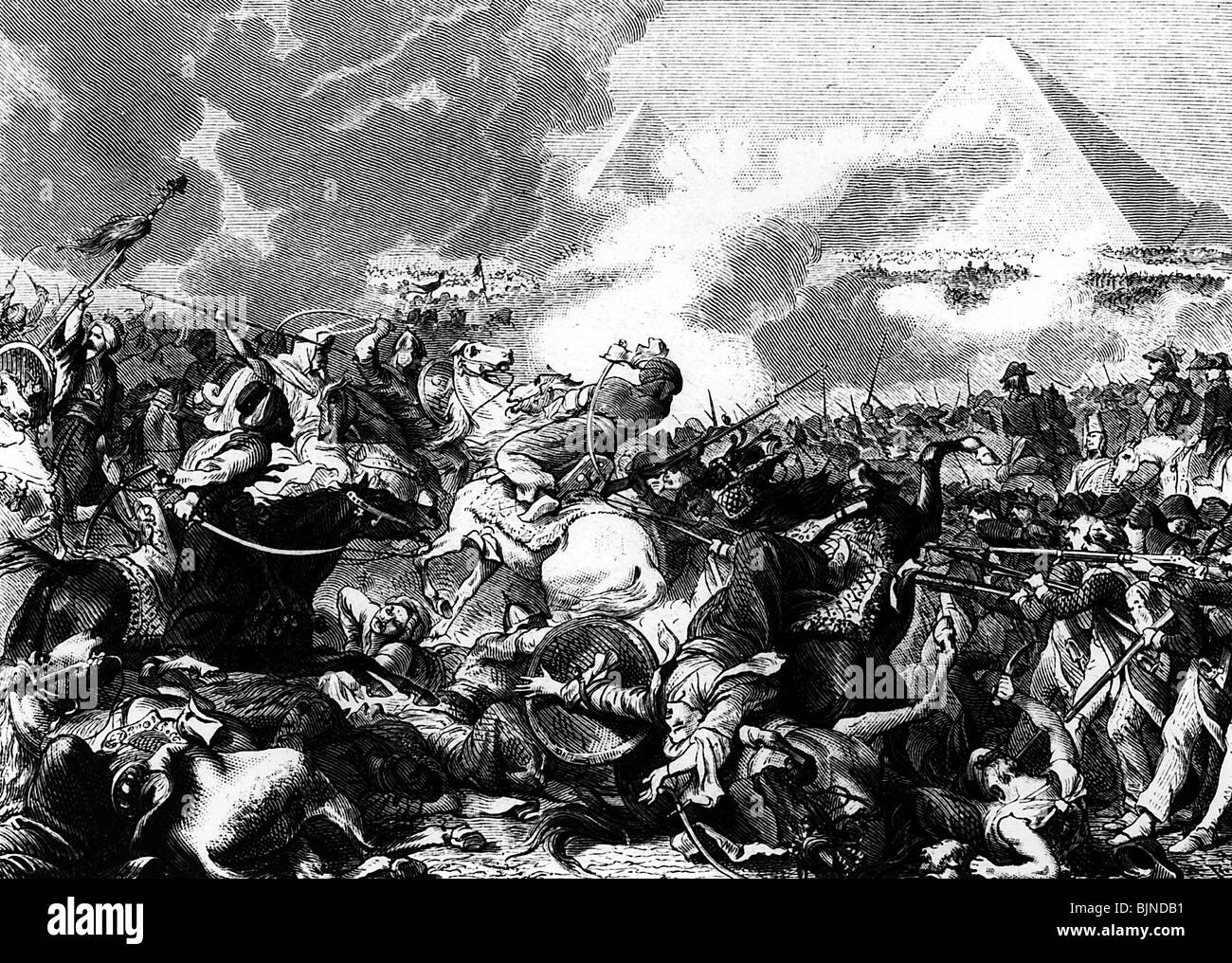 Eventi, Guerra della Seconda Coalizione 1798 - 1802, Battaglia delle Piramidi, 21.7.1798, incisione del legno, fine 19th secolo, Egitto, francese, Mamluk, Guerre Napoleoniche, guerre, Francia, Impero Ottomano, fanteria, cavalleria, 18th secolo, storico, storico, persone, Foto Stock