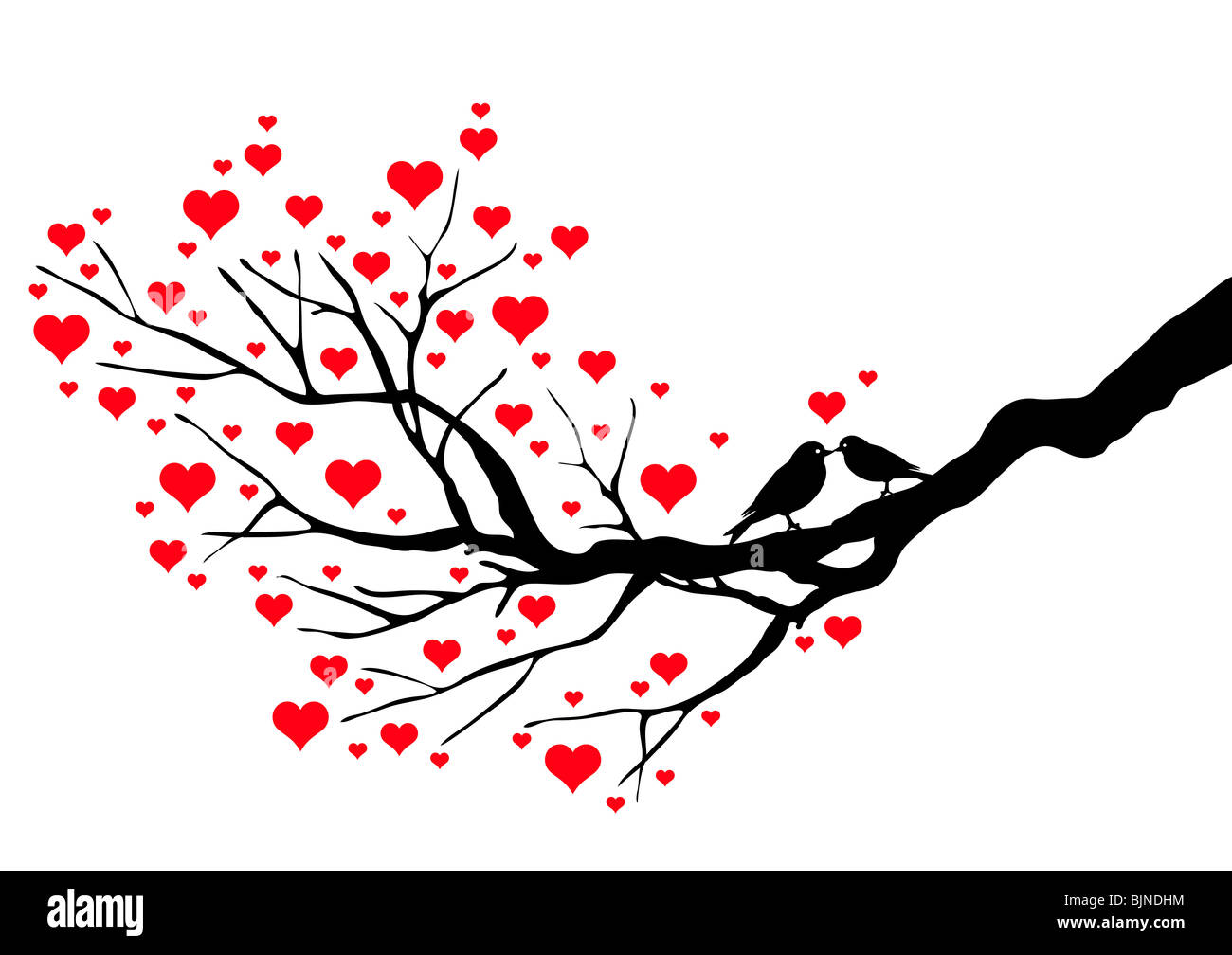 Gli uccelli baciare su un albero di cuore Foto Stock