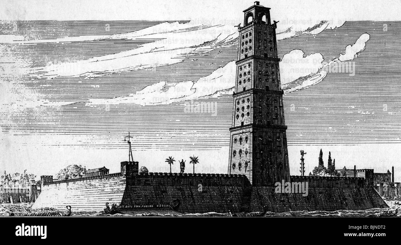 Mondo antico, le sette meraviglie del mondo, faro di Pharos, Alessandria, costruito circa 280 a.C., ricostruzione, disegno, 19th secolo, storico, storico, 7, Foto Stock