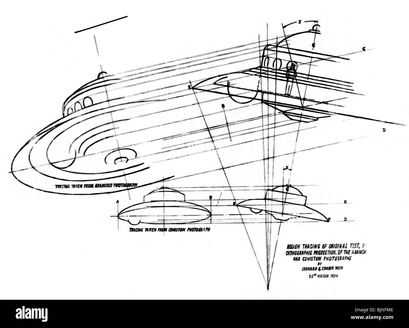 Astronautica, oggetto volante non identificato (UFO), ufo, volare, schizzi di Leonard G. Cramp, confronto di Adamski e Coniston, 1954, Foto Stock