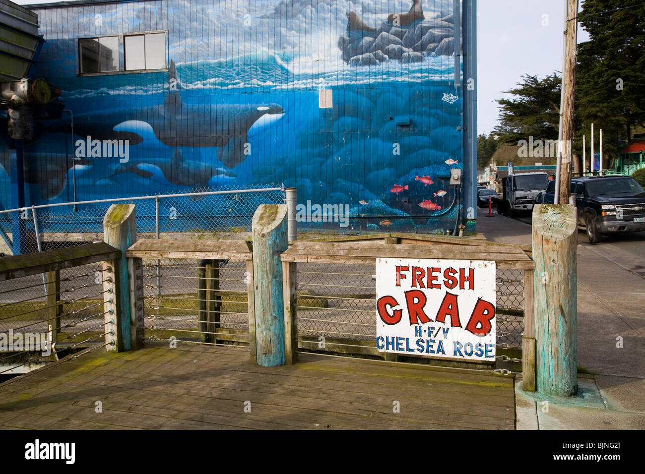 Un granchio fresco in vendita segno e un murale di strada a Newport, Oregon, sulla costa del Pacifico. Foto Stock