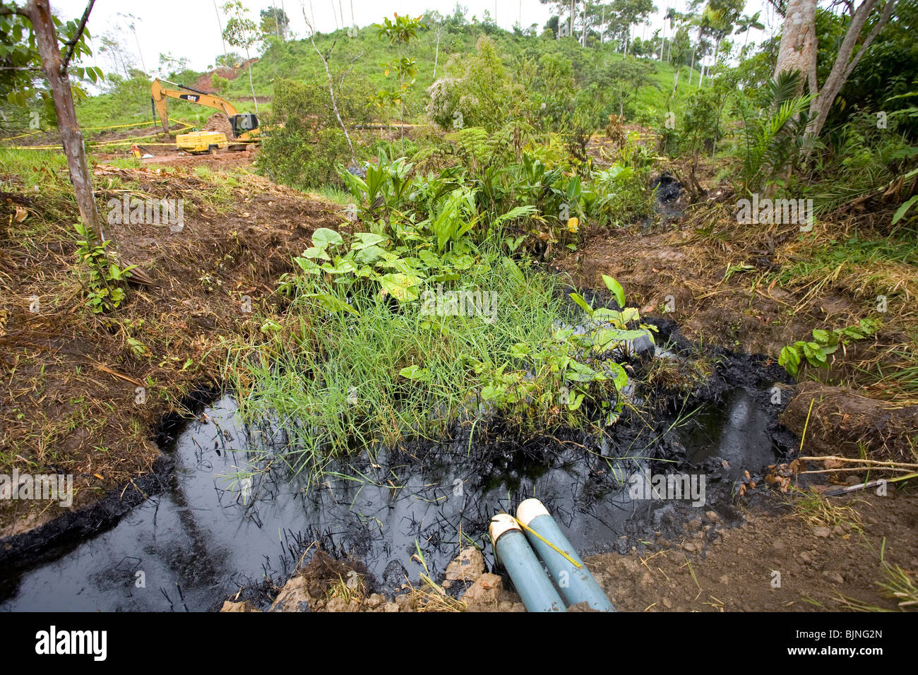 Fuoriuscita di olio da un pozzo nella foresta pluviale tropicale, Ecuador Foto Stock