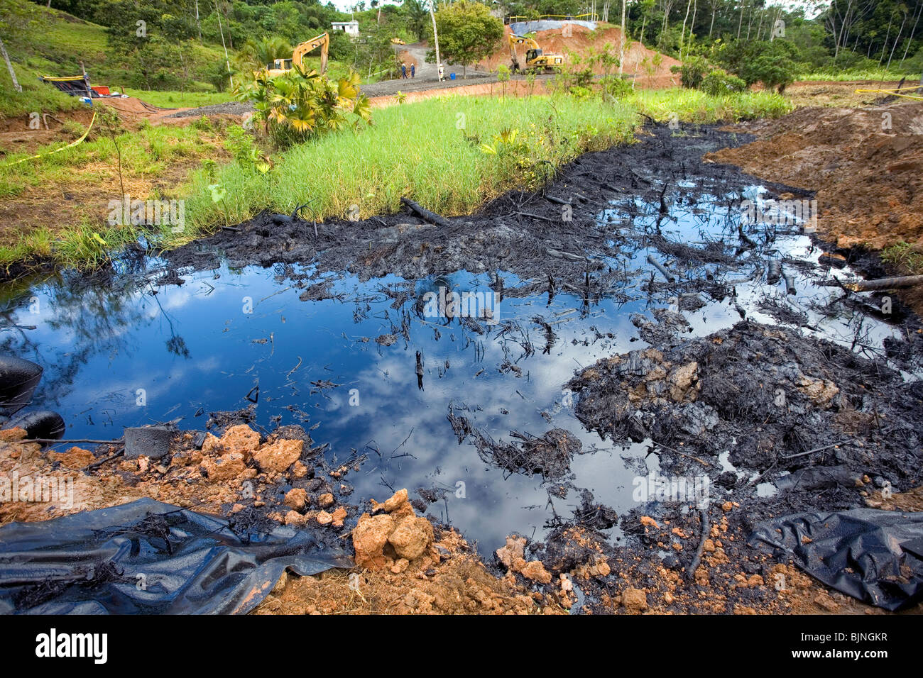 Fuoriuscita di olio nella foresta pluviale tropicale, Ecuador Foto Stock