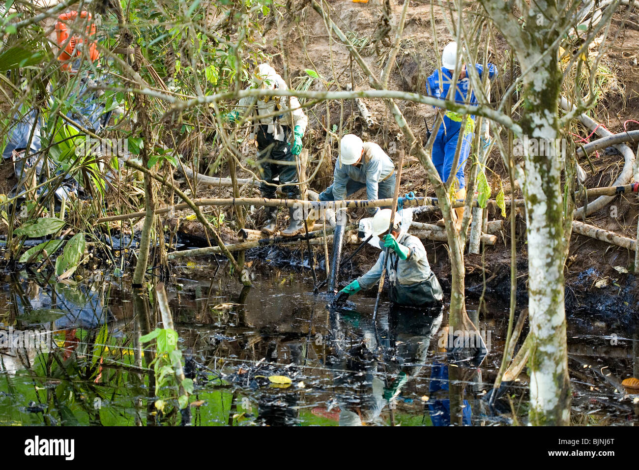 La pulizia di una fuoriuscita di petrolio da un pozzo nella foresta pluviale tropicale, Ecuador Foto Stock