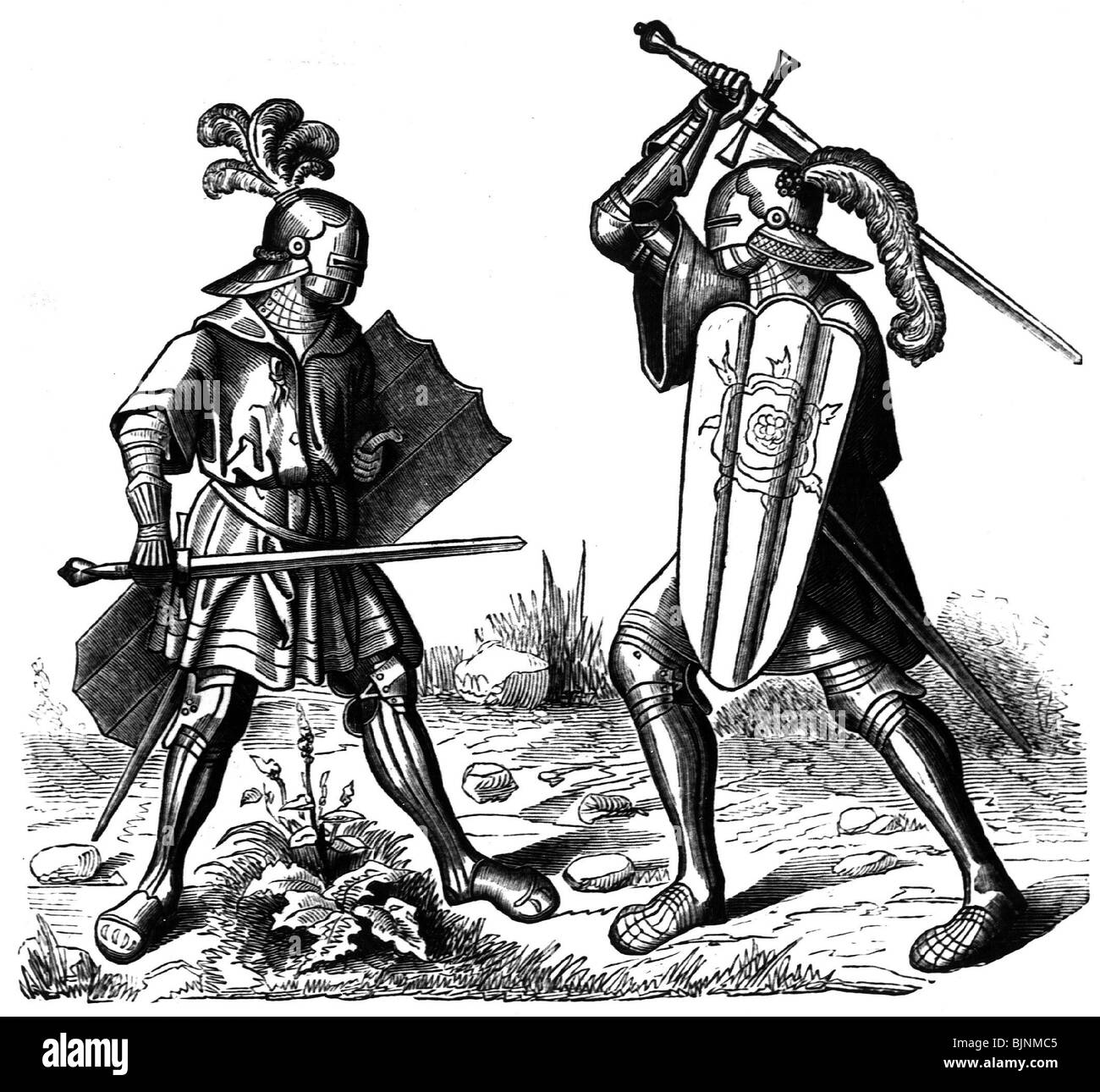Militari, Medioevo, fighting knights, incisione su legno dopo Hans Burgkmair (1473 - 1531), il Trionfo di Massimiliano, Germania, XVI Foto Stock