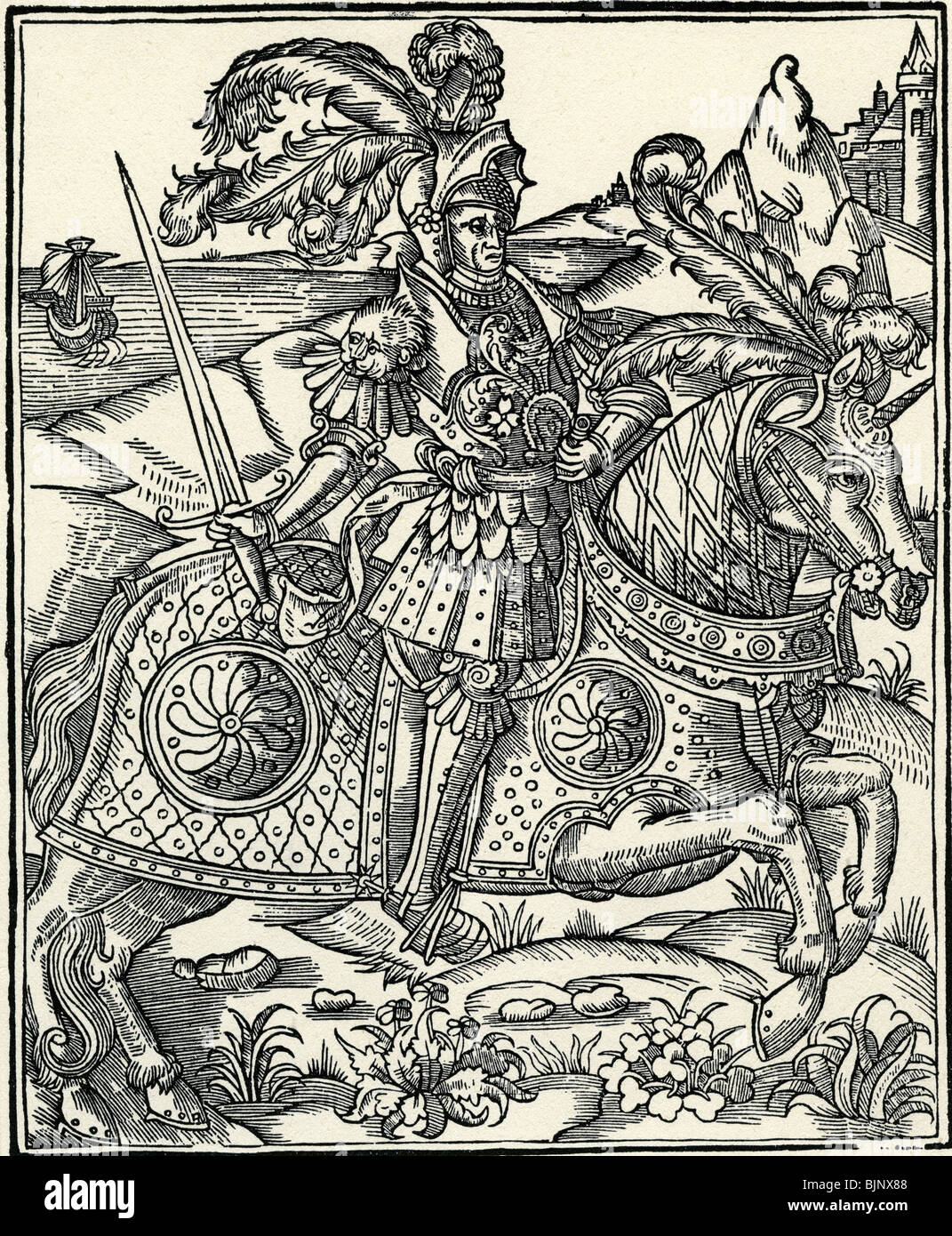 Parzival, eroe medievale, woodcut, 1530, edizione 'Perceval le Gallays' di Chretien de Troyes, Foto Stock