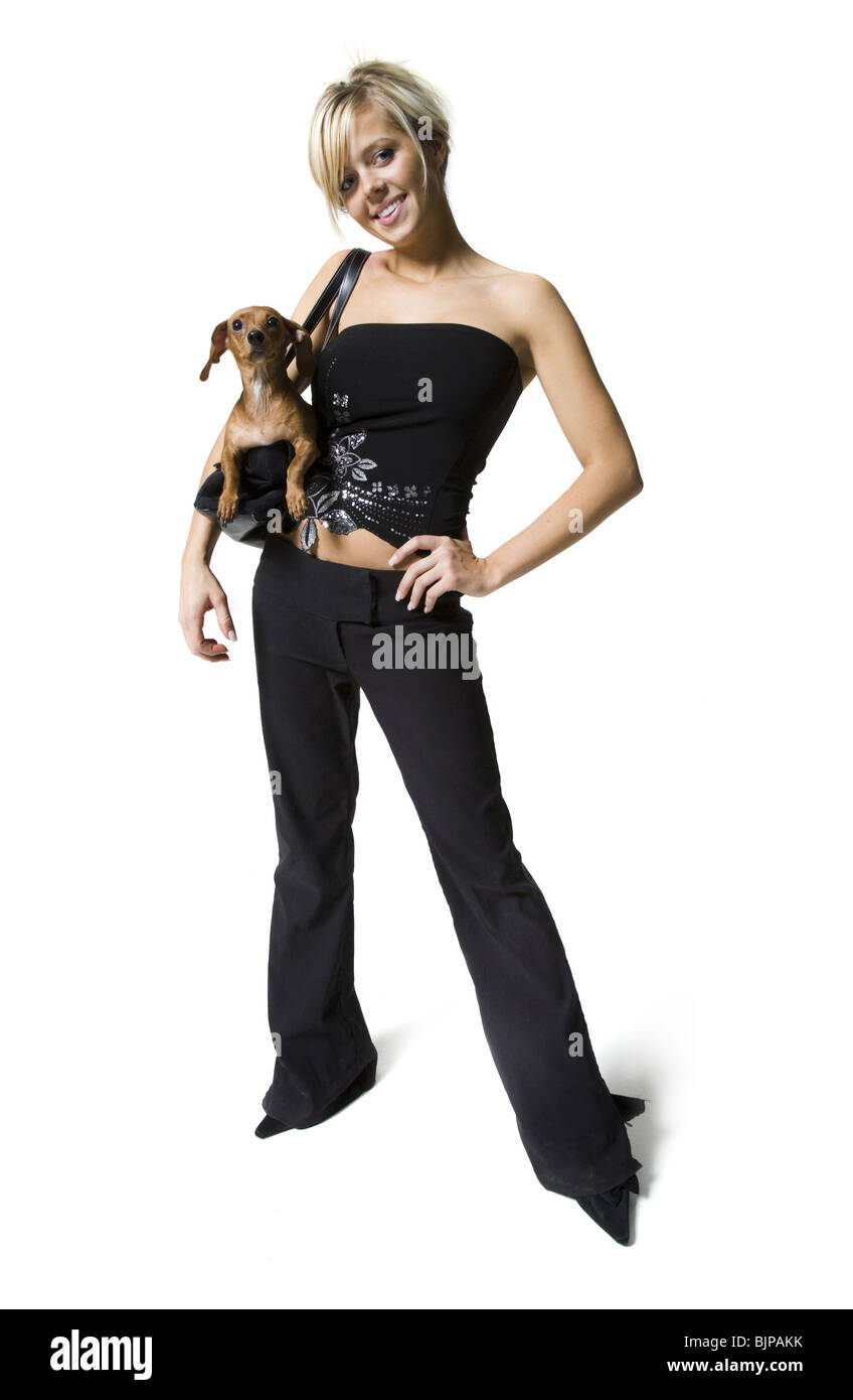 Donna con un piccolo cane nella sua borsa Foto Stock