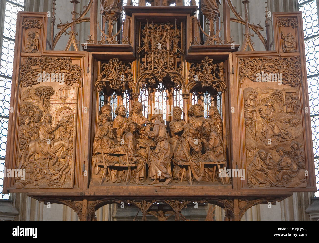 I pannelli centrali, sangue sacro altare da Tilman Riemenschneider, St. Jakobs Chiesa Rothenburg ob der Tauber, Baviera, Germania Foto Stock
