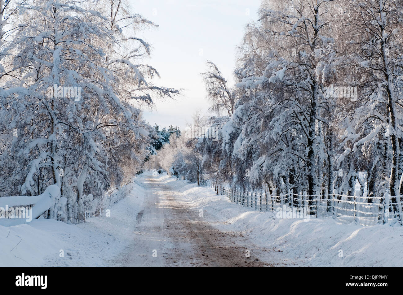 Coperta di neve road nelle highlands scozzesi Foto Stock