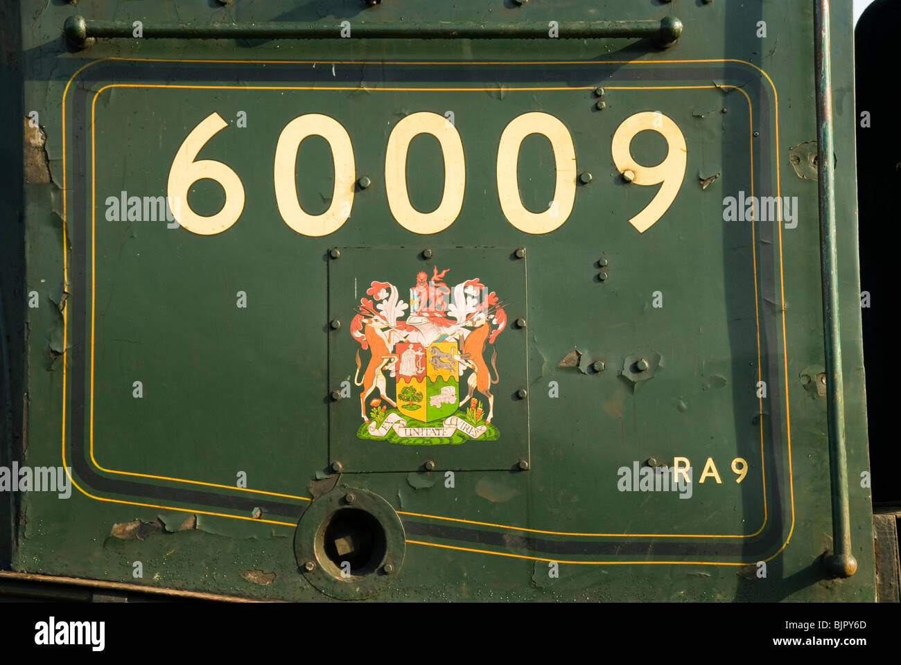 Lato Cabina di 60009 'Unione del Sud Africa', un LNER Classe A4 locomotiva a vapore a Crewe, Cheshire, Regno Unito Foto Stock