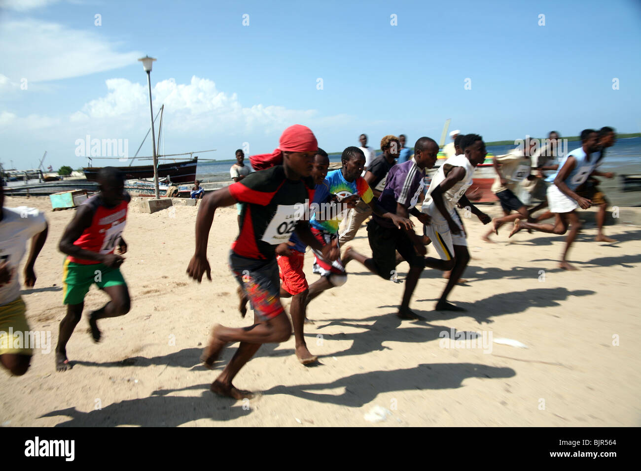 Guide di scorrimento sul fronte mare in Lamu durante il festival Maulidi Foto Stock