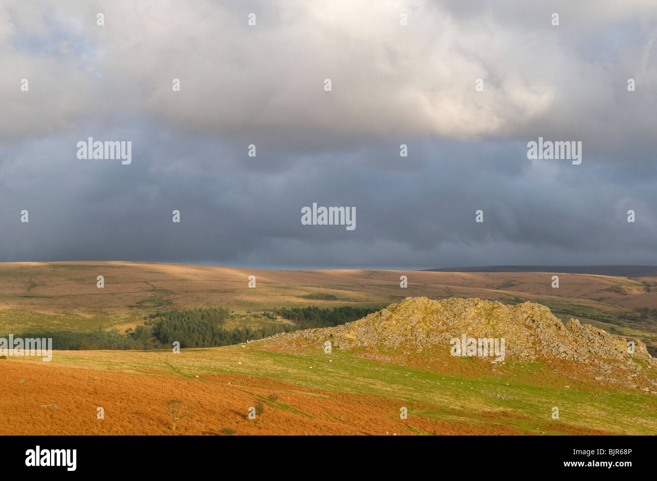 Drammatica nuvole sopra il cuoio Tor, Dartmoor Devon UK Foto Stock