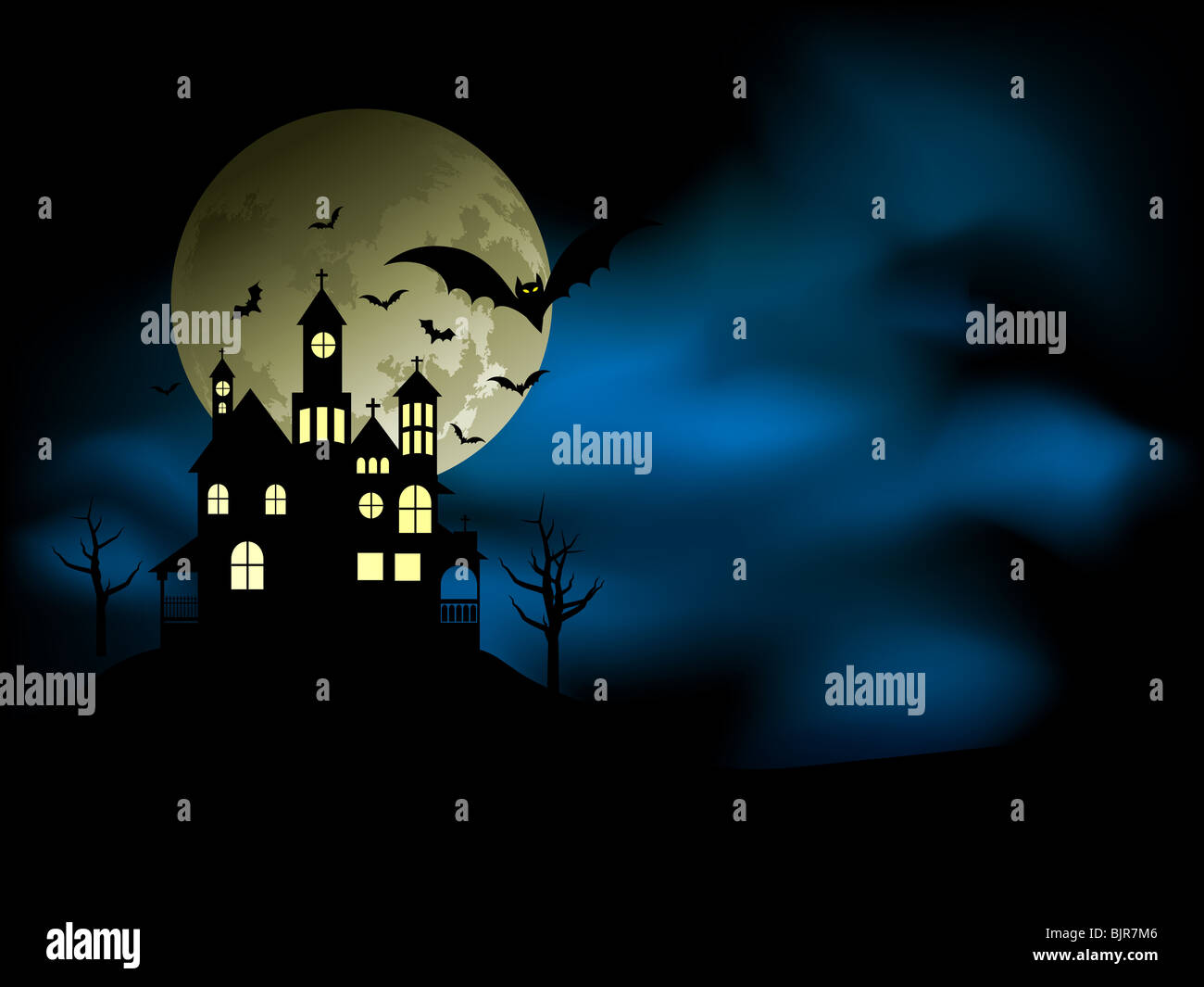 Spooky house con un cupo cielo notturno e pipistrelli Foto Stock