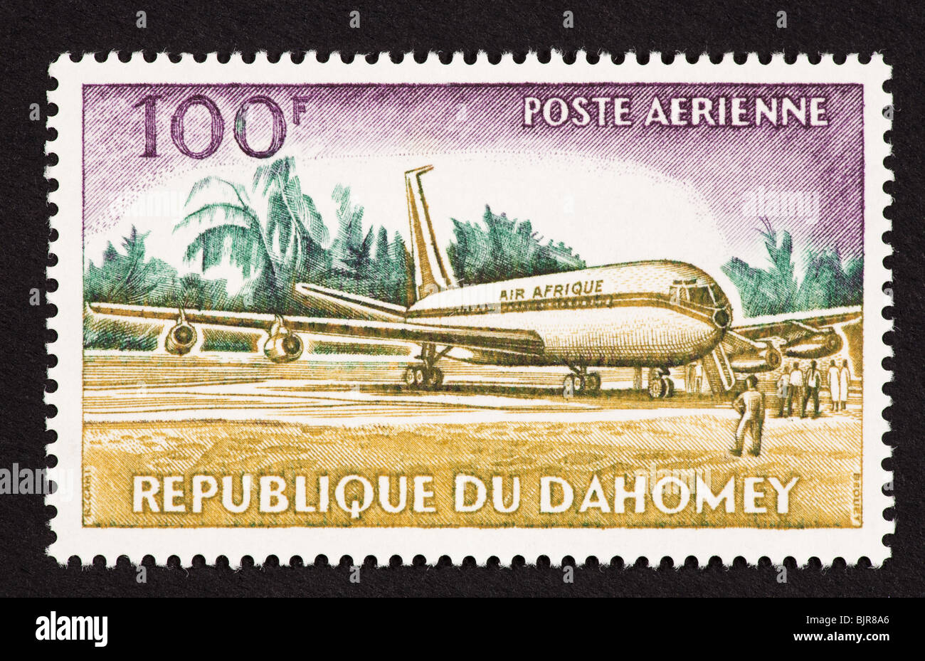 Francobollo da Dahomey raffigurante un Boeing 707. Foto Stock