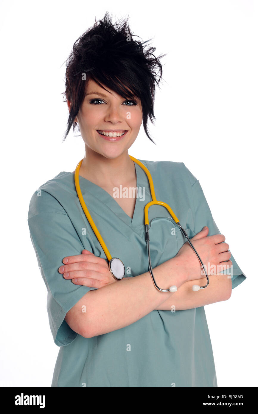 Operatore sanitario con le braccia incrociate isolate su sfondo bianco Foto Stock