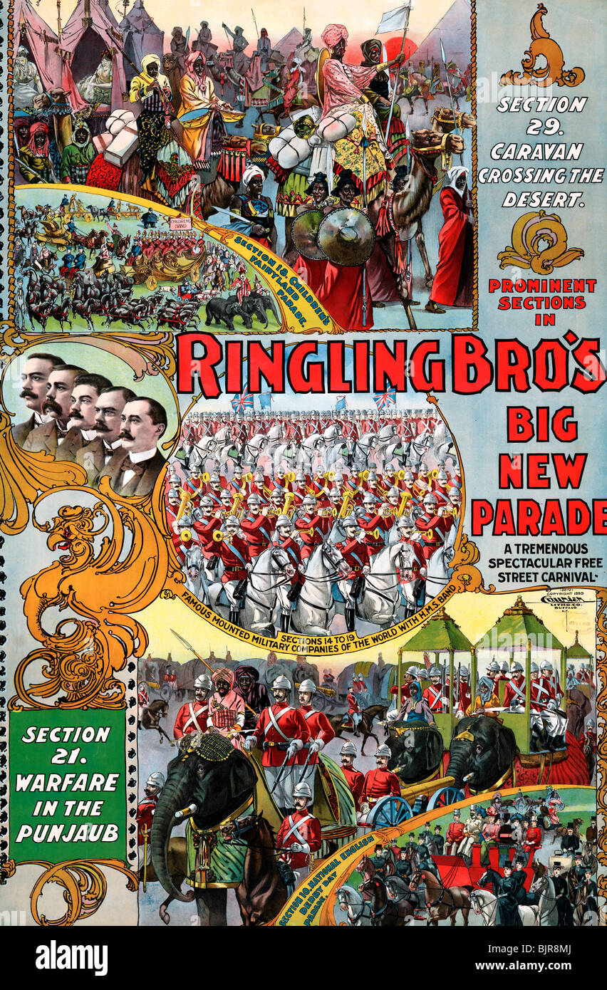 Fratelli Ringling nuovo grande parata. Una tremenda spettacolare free street carnevale - poster di circo, 1899 Foto Stock