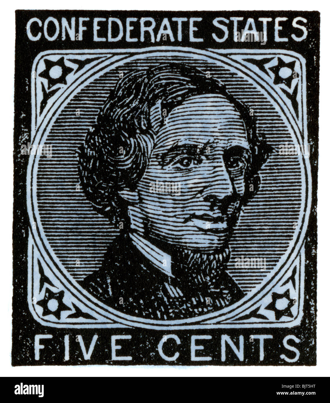 Accampati francobollo ritratto del cuscinetto di Jefferson Davis. Colorate a mano la xilografia Foto Stock