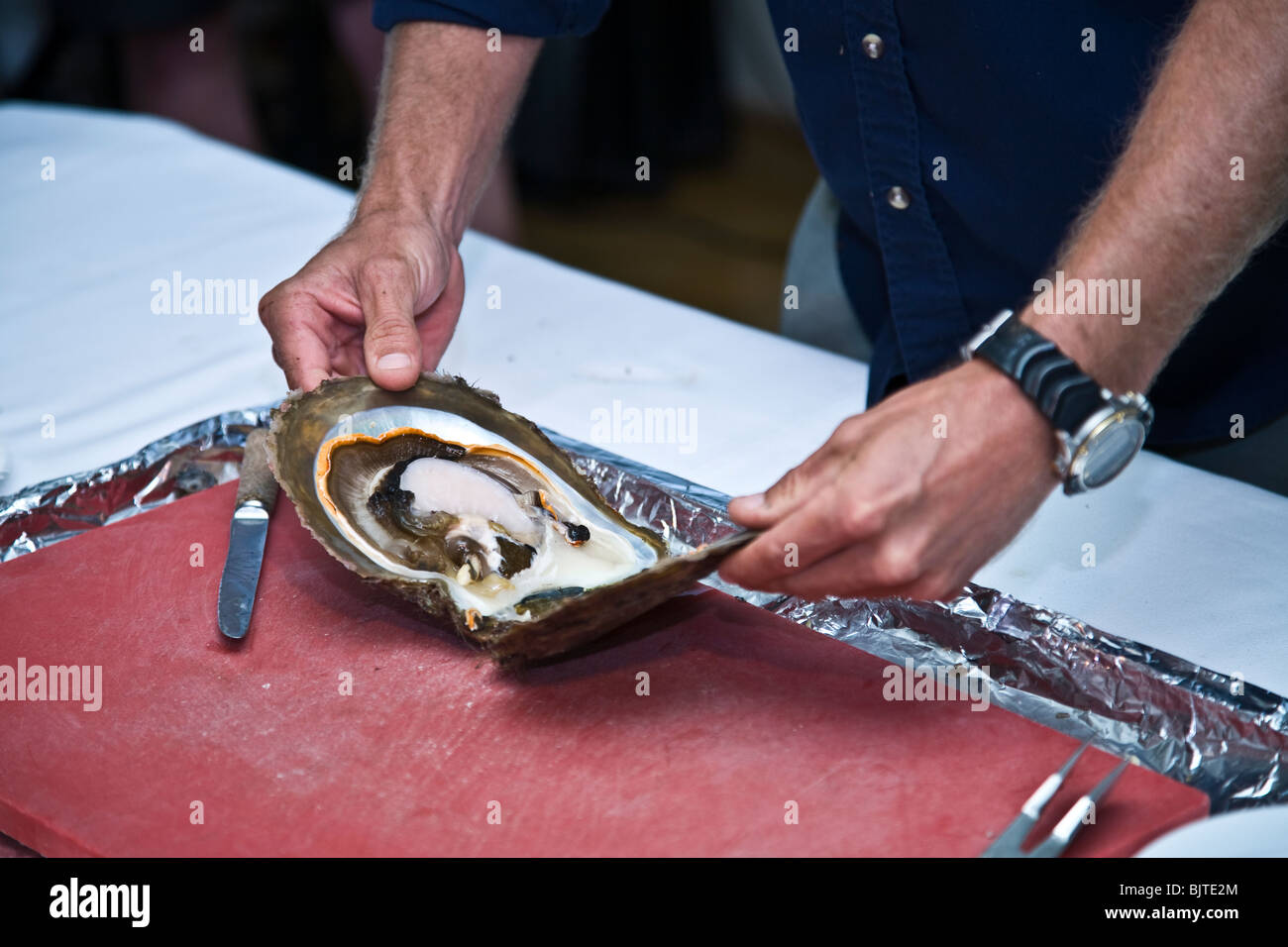 Dimostrazione di una perla shell apertura e la classificazione del Western Australia Paspaley Pearl Farm Foto Stock