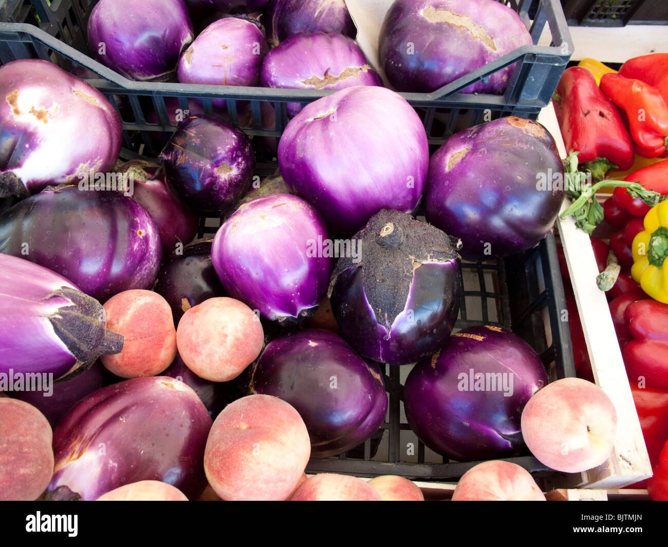 Melanzane per la vendita al mercato, Italia Foto Stock