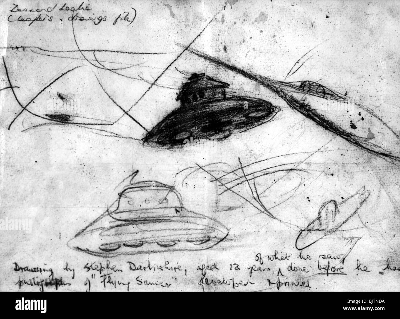 Astronautica, oggetto volante non identificato (UFO), ufo, volare, schizzi di Stephen Darbishire, prima che egli sviluppò il film, febbraio 1954, Foto Stock