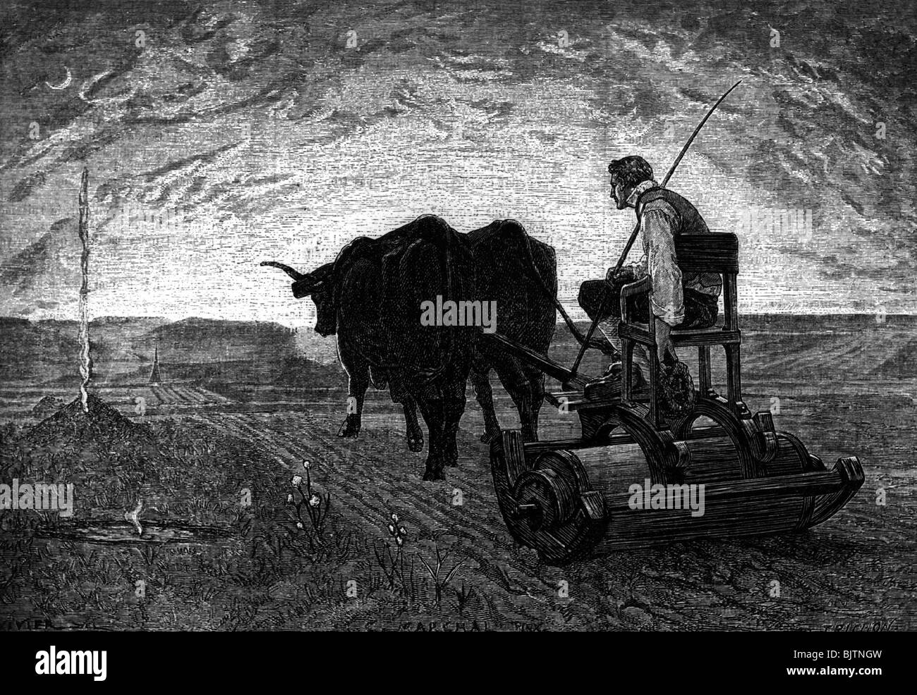 Agricoltura, aratura, 'in serata', incisione del legno di Trichon, dopo disegno di C. Marchal, 1872, Foto Stock