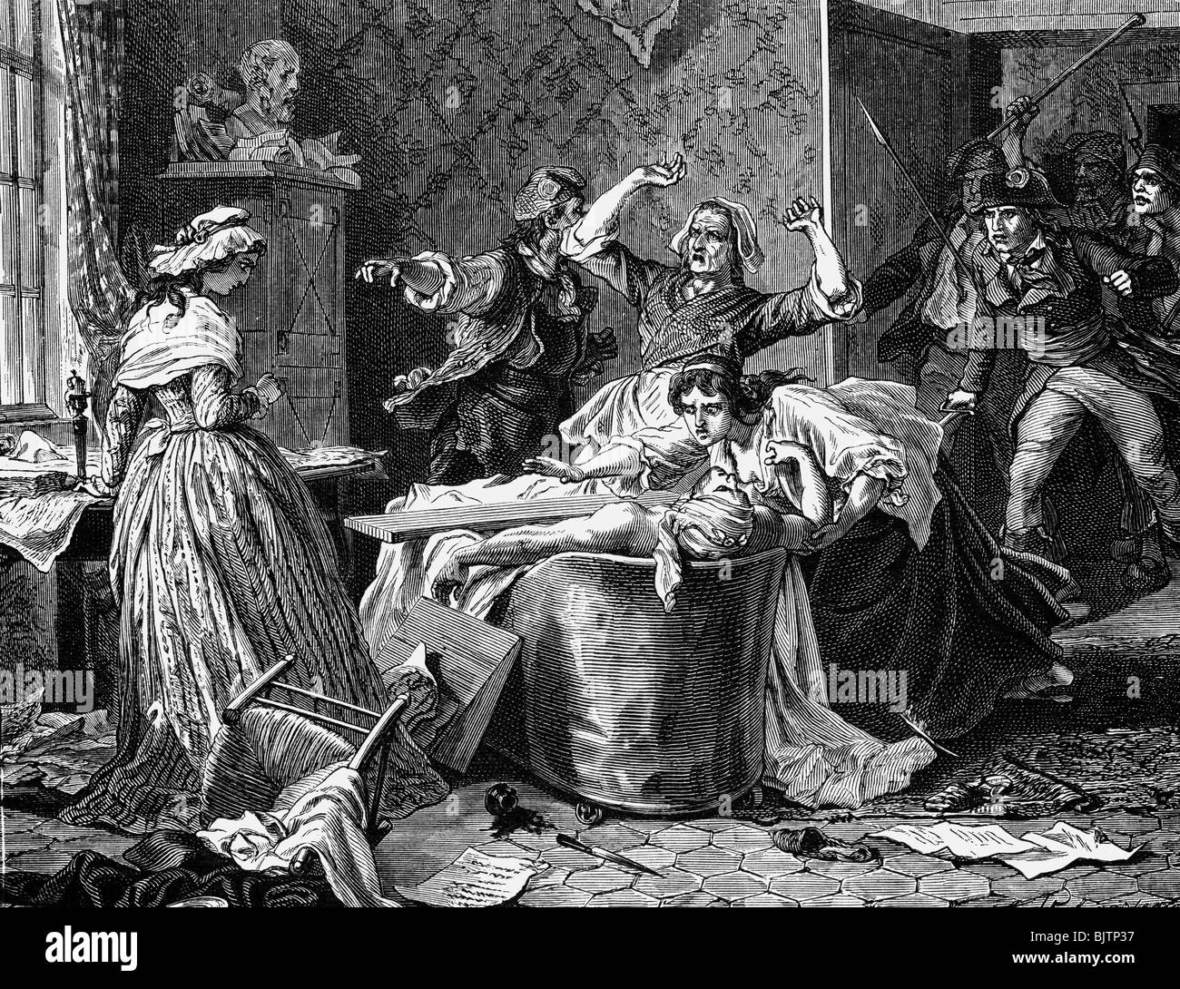 Marat, Jean Paul, 24.5.1744 - 13.7.1793, giornalista e politico francese, assassinio di Charlotte Corday, incisione del legno, 19th secolo, , Foto Stock