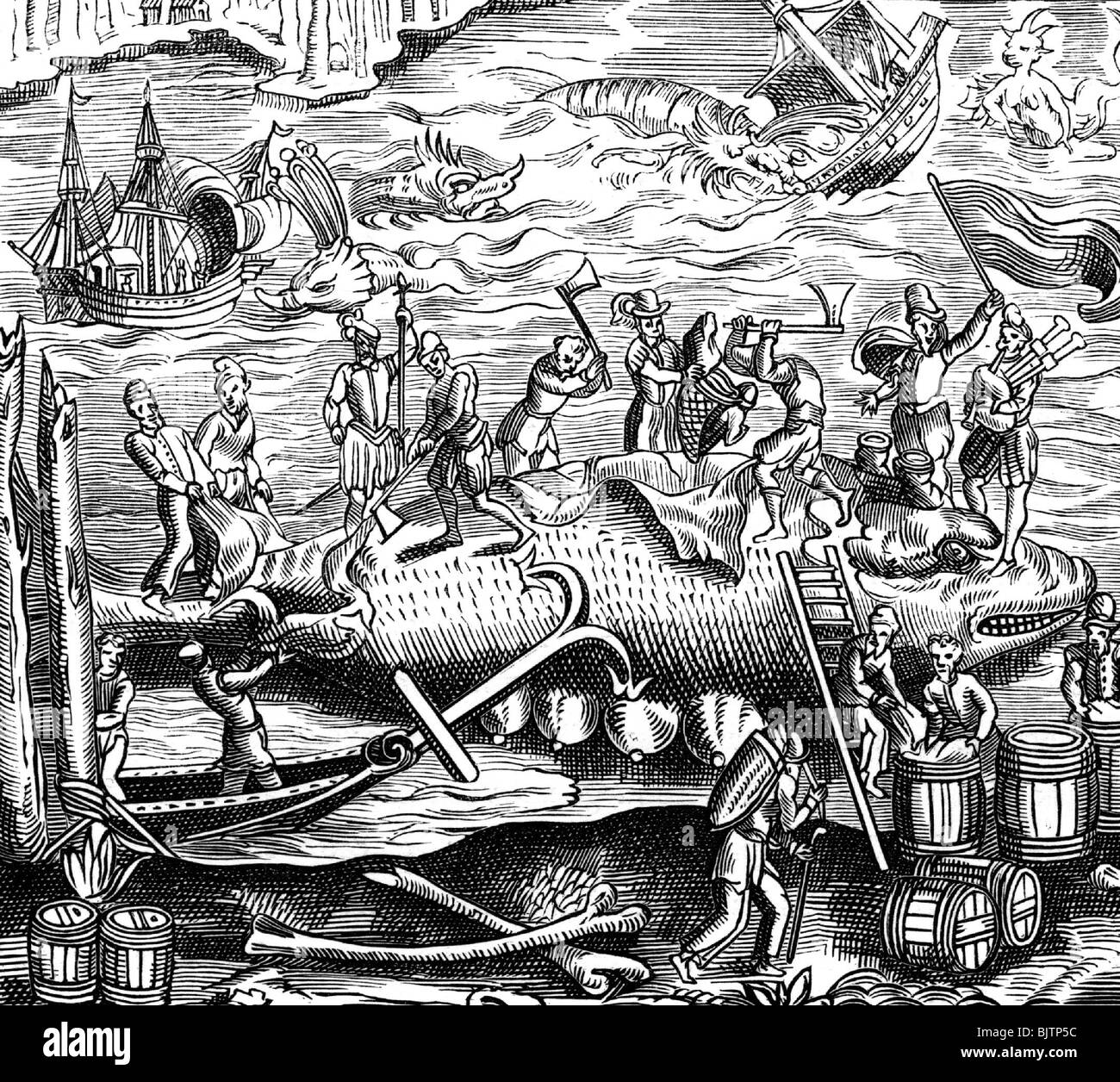 Pesca, Walfang, Basques hacking balena a pezzi, Mare polare, legno tagliato, circa 1575, Foto Stock