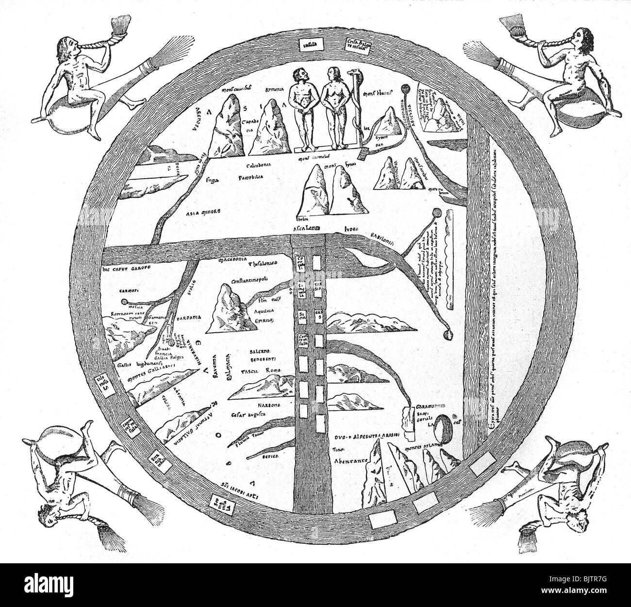 Cartografia, mappe del mondo, Medioevo, mappa, 12th secolo, manoscritto della Biblioteca di Torino, orientamento, Oriente orientato, Oriente orientale, Europa, Africa, Asia, Paradisese, Giardino dell'Eden, Adamo ed Eva, disco, terra, storico, storico, medievale, Foto Stock