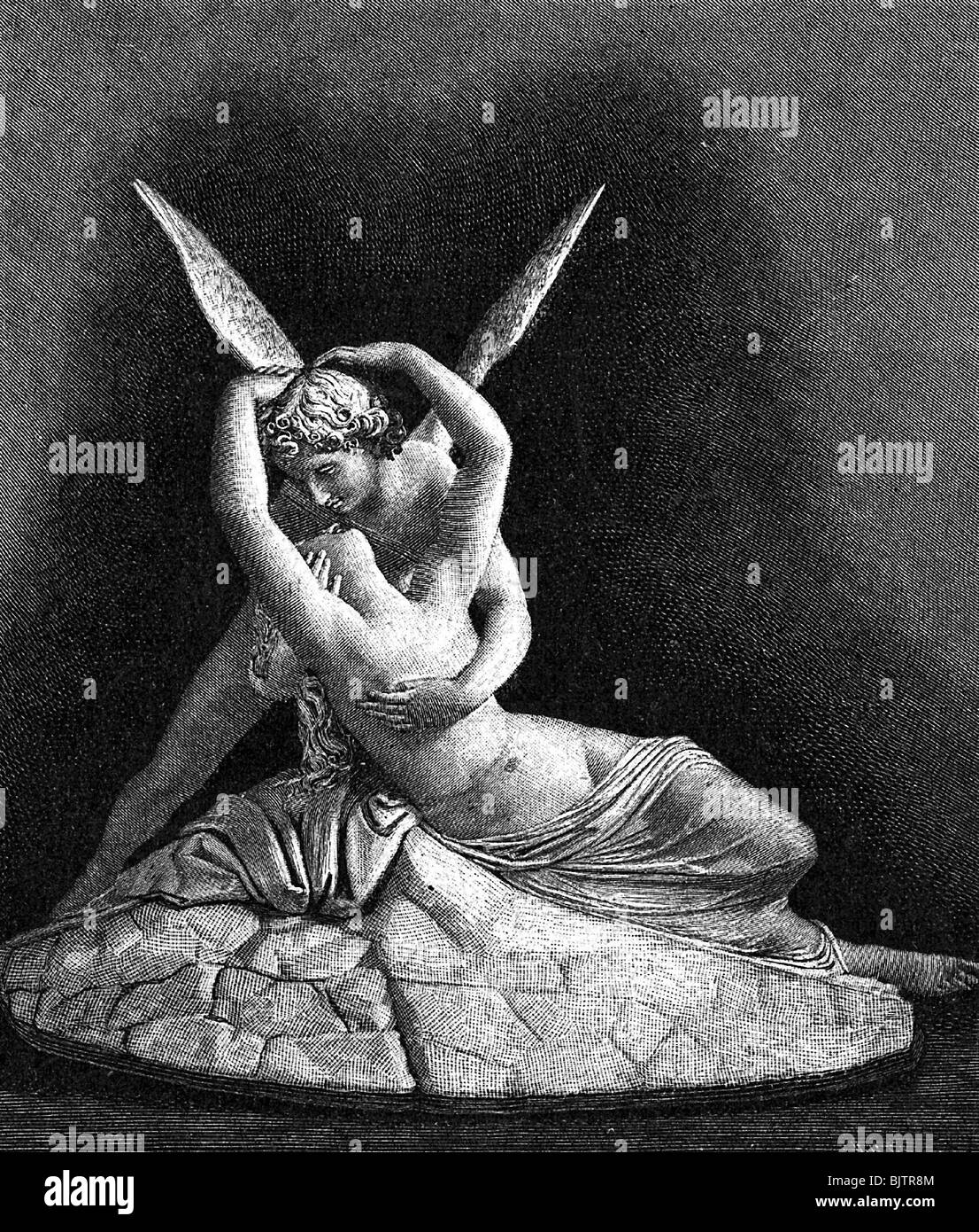 Cupido, dio greco dell'amore, a mezza lunghezza, con Psiche, incisione dopo scultura di Antonio Canova (1757-1822), Foto Stock