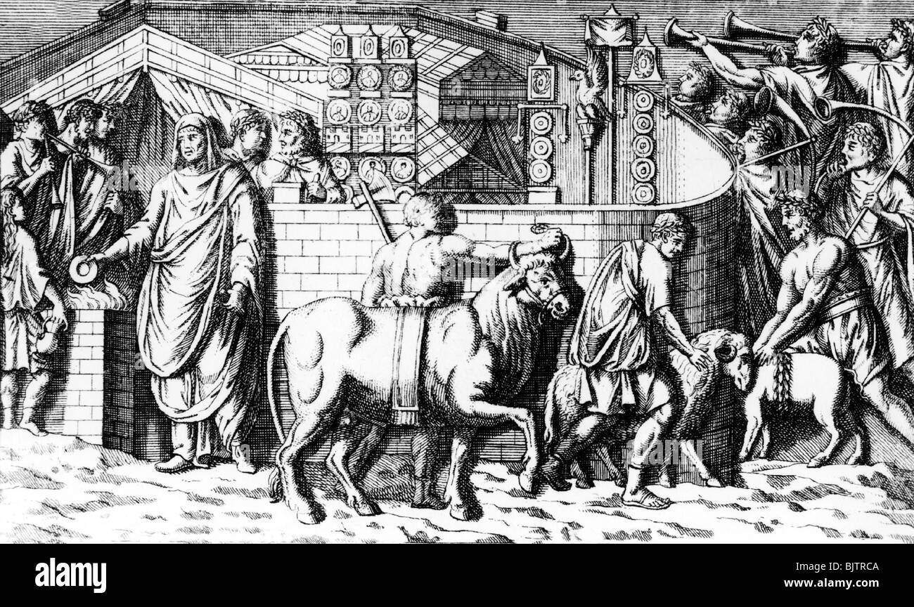 Eventi, seconda guerra dei Daci 101 - 105, accampamento fortificato dei Romani, sacerdote sta preparando il sacrificio di animali, disegno dopo aver r Foto Stock