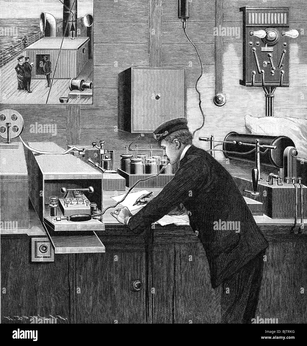 posta / posta, telegrafo, telegrafo stazione su boad di una nave, incisione del legno, 19th secolo, storico, storico, navigazione, ufficio telegrafo, uffici telegrafo, telecomunicazioni, persone, Foto Stock