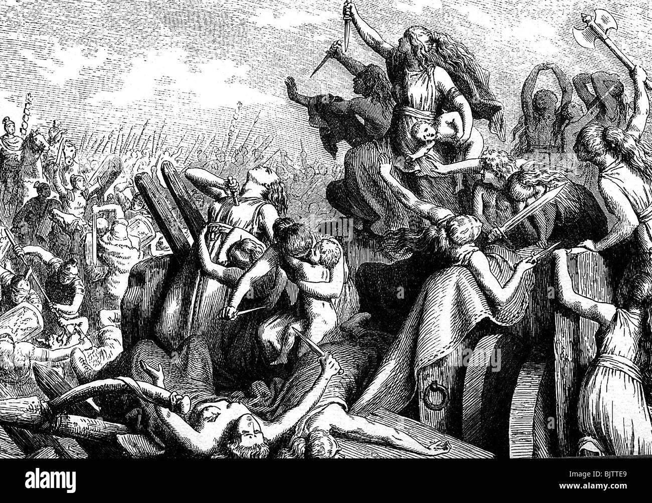 Eventi, Cimbrian Guerra 113 - 101 a.C., Battaglia di Vercellae, 30.7.101 a.C., Cimbrian donne difendendo le carrozze, incisione in legno dopo disegno di Heinrich Leutemann, 2nd metà 19th secolo, mondo antico, antichità, Impero Romano, Germanici, Cimbri, Romani, soldati, legionario, Italia, 2nd secolo a.C., storico, mondo antico, popolo, Foto Stock