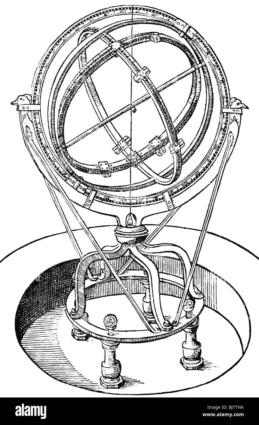 Astronomia, strumenti, sfera armillare, Armillae zodiacalis dopo Tycho Brahe, woodcut, circa 1570, Foto Stock