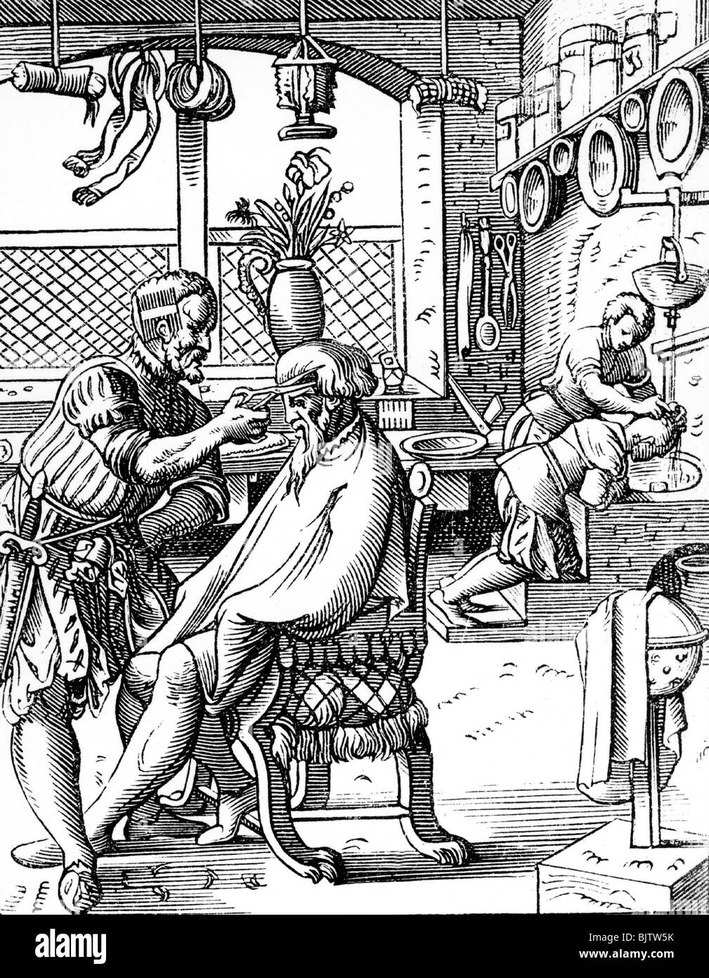 Persone, professioni, uomini, barbiere, legno tagliato da Jost Amman (1539 - 1591), coiffeur, barbiere, coiffeurs, parrucchiere, acconciatore, acconciatori, taglio capelli, Rinascimento, belle arti, professione, 16th secolo, storico, storico, Foto Stock