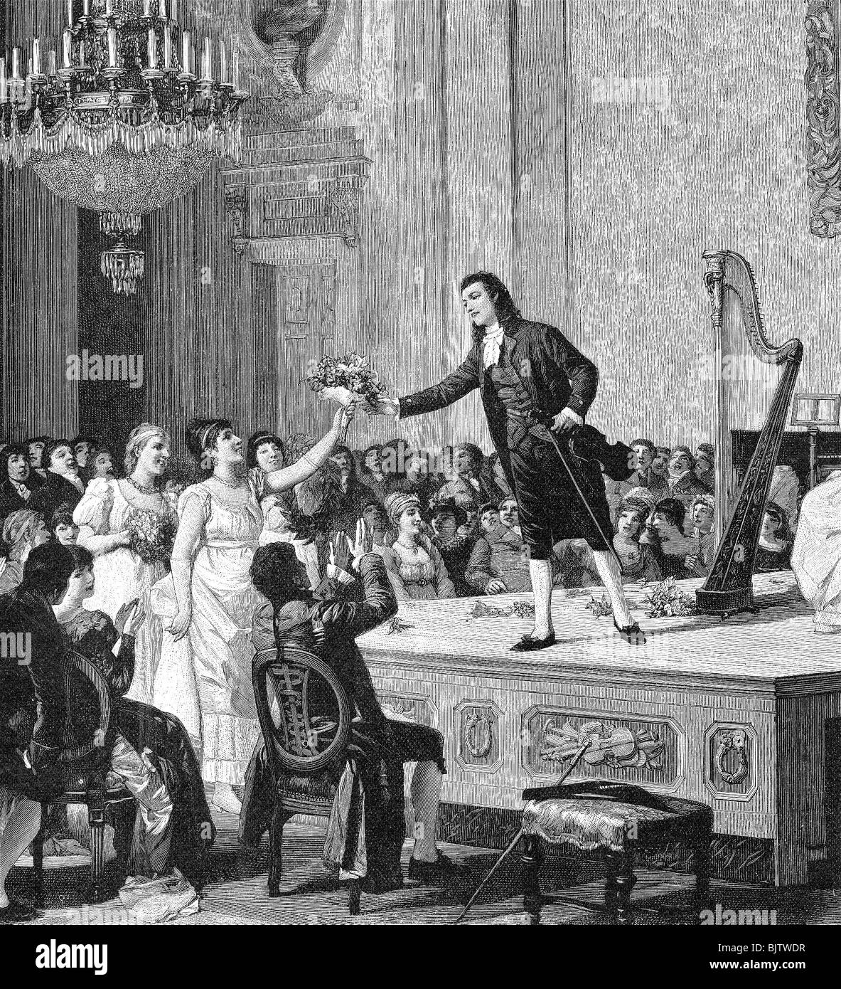 Paganini, Niccolo, 27.10.1782 - 27.5.1840, violonista italiana, scena, uno dei suoi primi successi, incisione su legno, dopo G. Gotti, Foto Stock