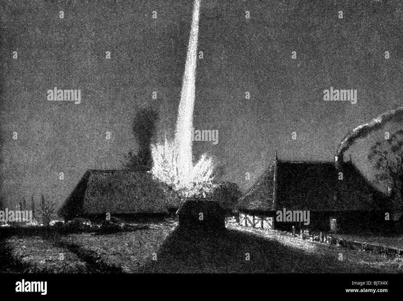 Astronomia, comete, meteoriti, impatto meteorite su una fattoria, illustrazione dopo Flammarion, fine 19th secolo, storico, storico, crash, fuoco, comet, Foto Stock