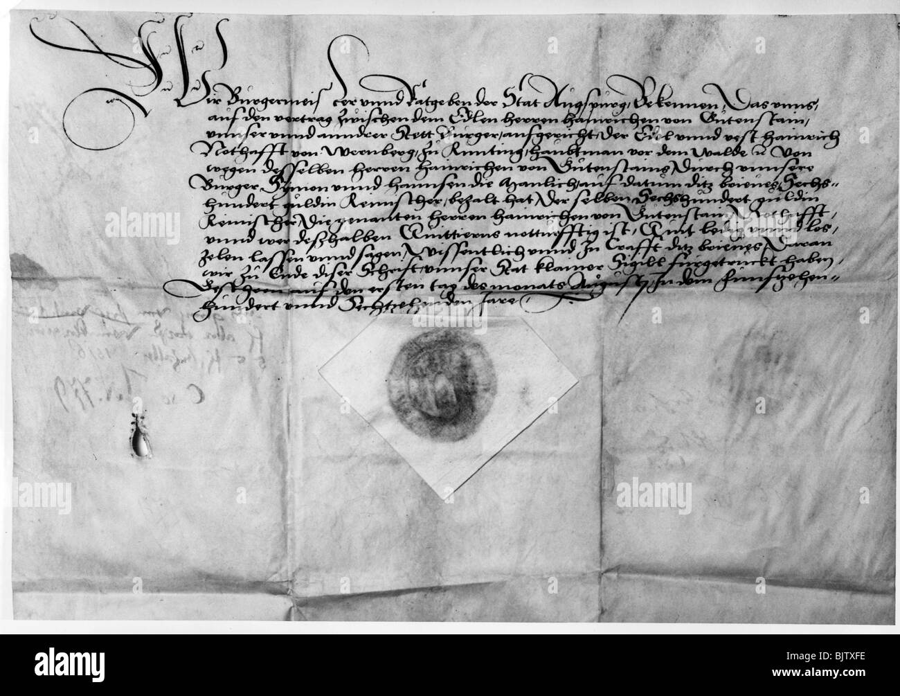 Documenti, certificato del Consiglio della città imperiale libera di Augusta, 1517, Foto Stock