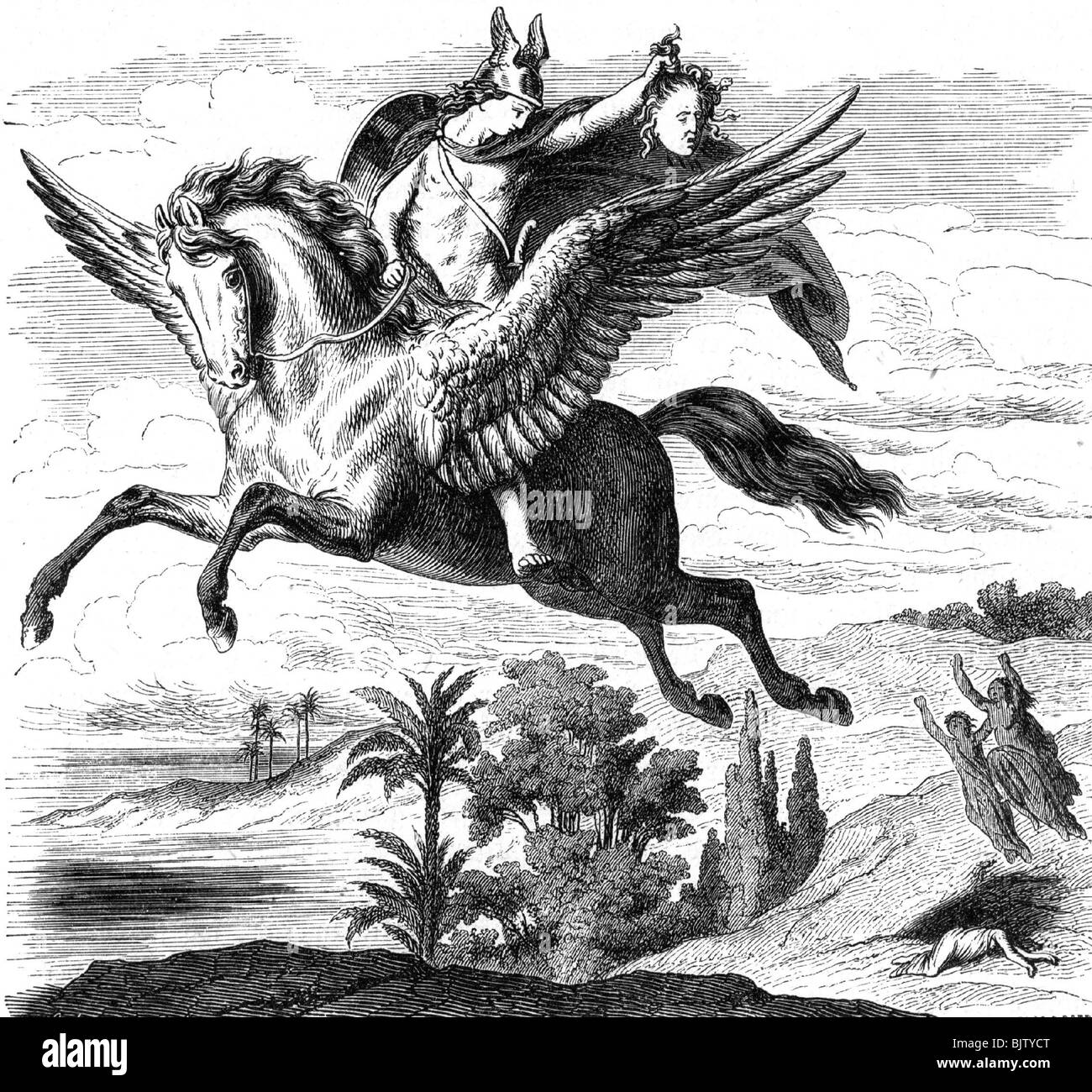 Perseo, greco figura leggendaria, figlio di Zeus e Danae, equitazione con la testa di Medusa su Pegasus, incisione su legno, secolo XIX, Foto Stock