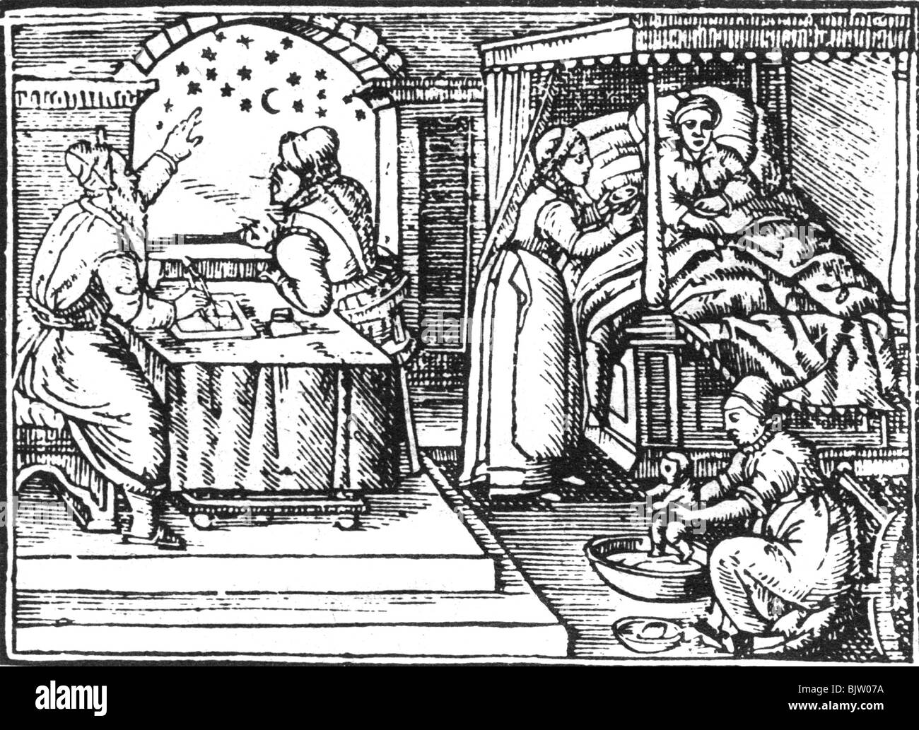 astrologia, medicina astrologica, 2 astrologi che analizzano la costellazione delle stelle durante la nascita, woodcut, 1596, Foto Stock