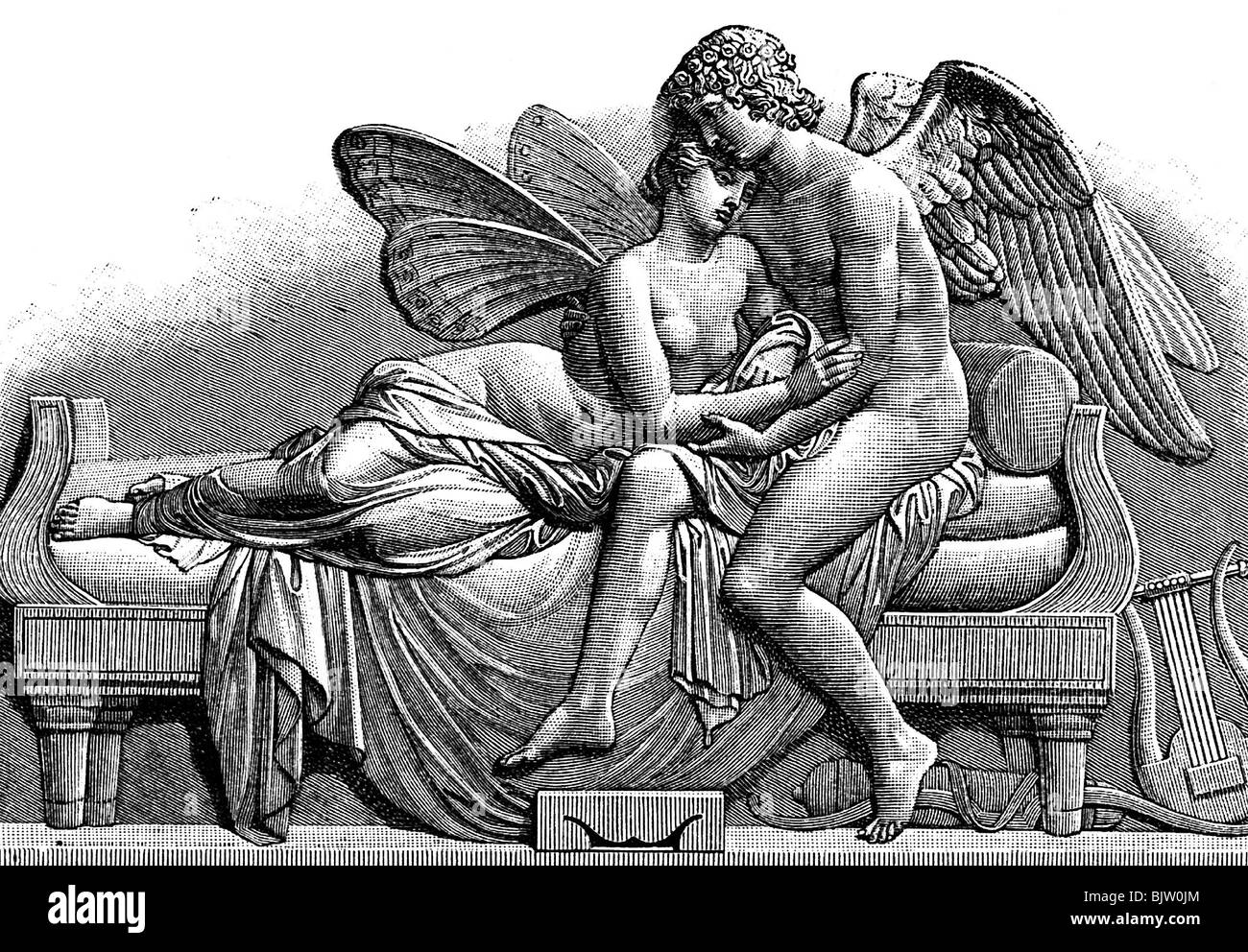 Cupido, dio greco dell'amore, a mezza lunghezza, incisione del legno, dopo il rilievo 'Amor e Psyche', di John Gibson (1790 - 1866), Foto Stock