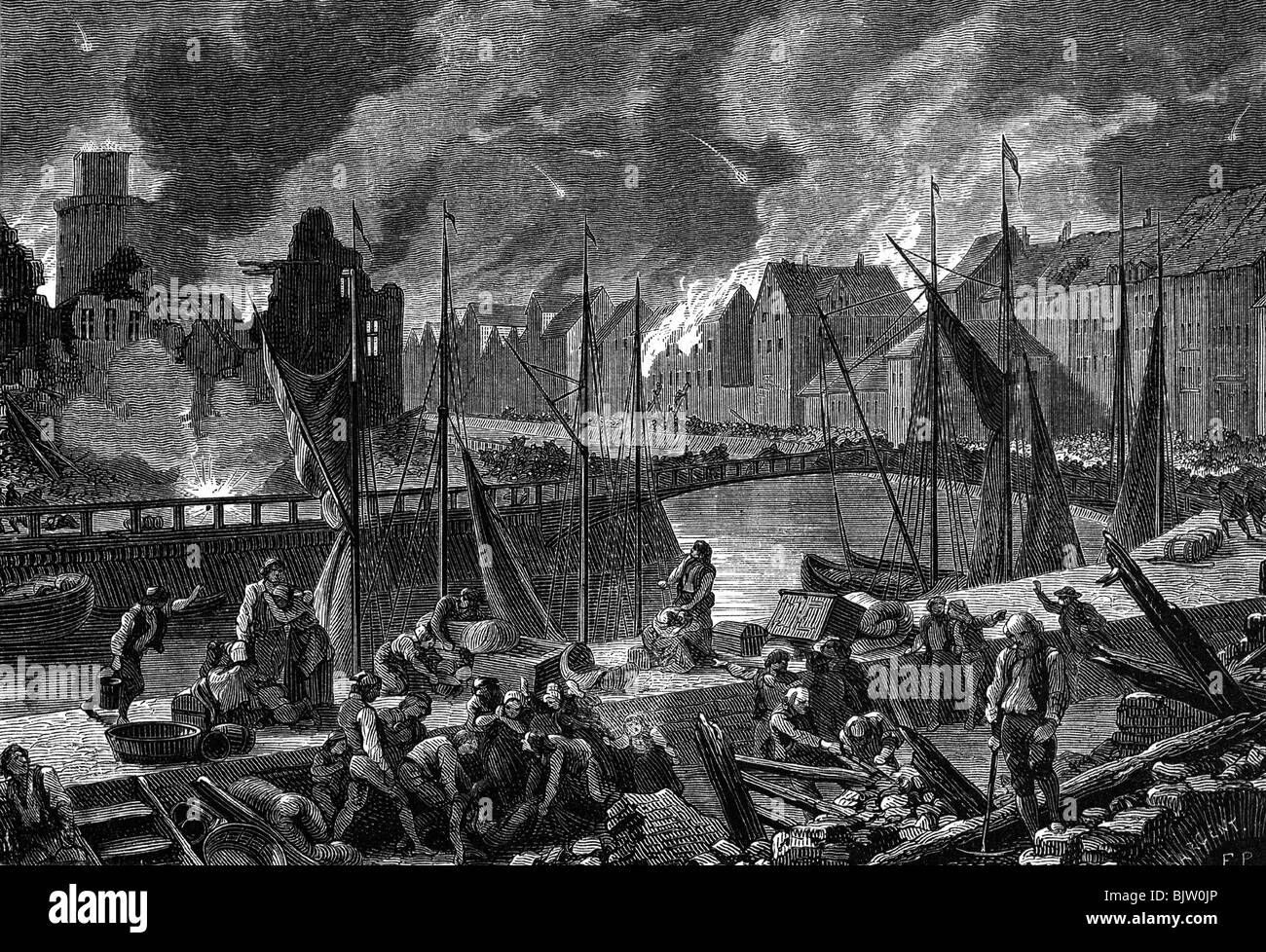 Eventi, Guerra della Quarta Coalizione 1806 - 1807, Bombardamento di Copenaghen 2.- 6.9.1807, città ardente, incisione del legno, 19th secolo, Danimarca, guerre napoleoniche, flotta britannica, marina, fuoco, attacco, storico, storico, persone, Foto Stock