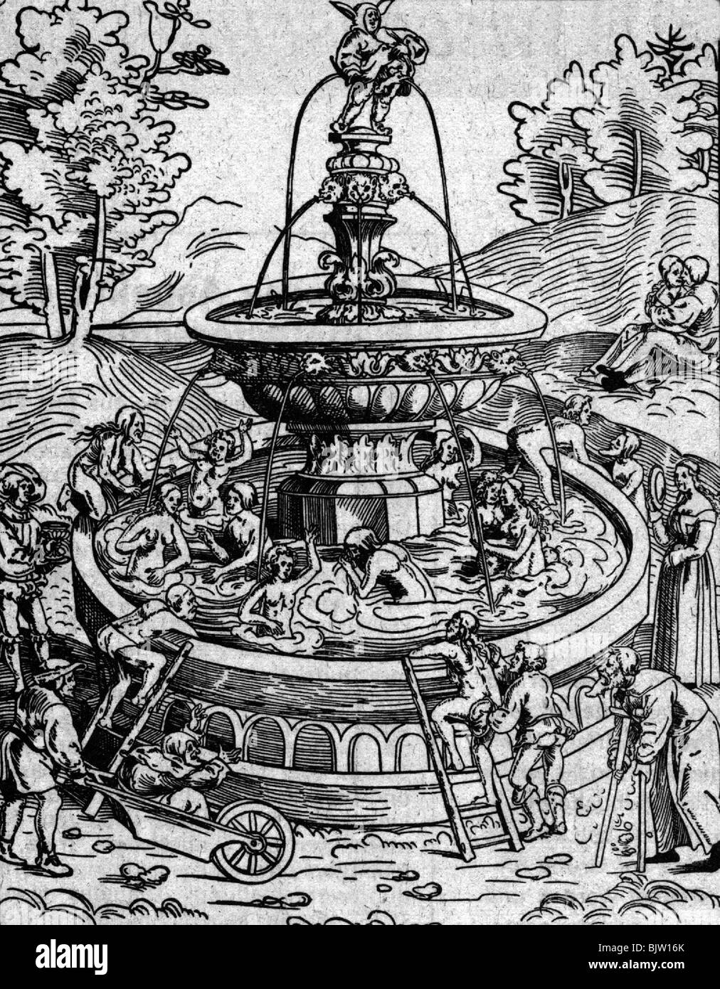 Bagni, fontana della gioventù, caricatura di Hans Sebald Beham, 16th secolo, Foto Stock