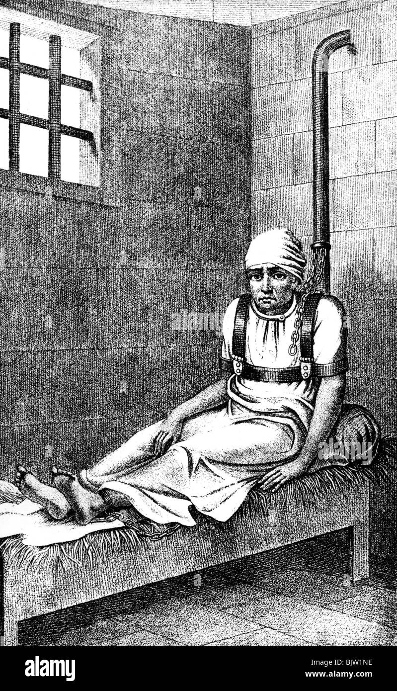 Medicina, psichiatria, ospedale, mentale in catene, incisione in rame di Ambroise Tardieu, 1876, Foto Stock