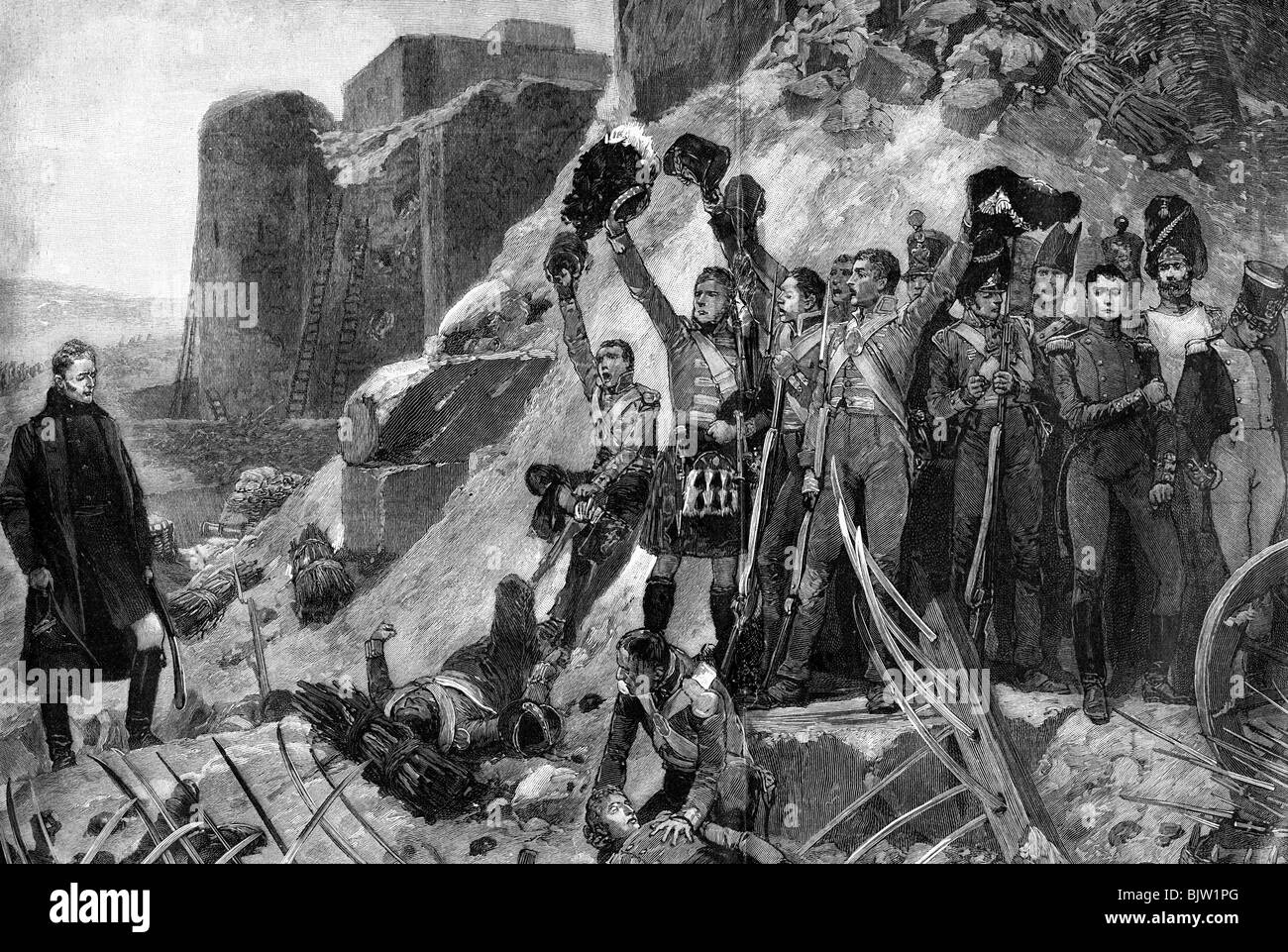 Eventi, Guerra Penisola 1808 - 1814, Assedio di Badajoz 16.3. - 6.4.1812, generale britannico Arthur Earl di Wellington in attesa del generale francese Armand Philippon, 6.4.1812, incisione del legno, 19th secolo, Arthur Wellesley, vittoria, battaglia, storming, soldati, scozzesi, Highlander, sconfitta, Spagna, Guerre Napoleoniche, storico, storico, persone, Foto Stock