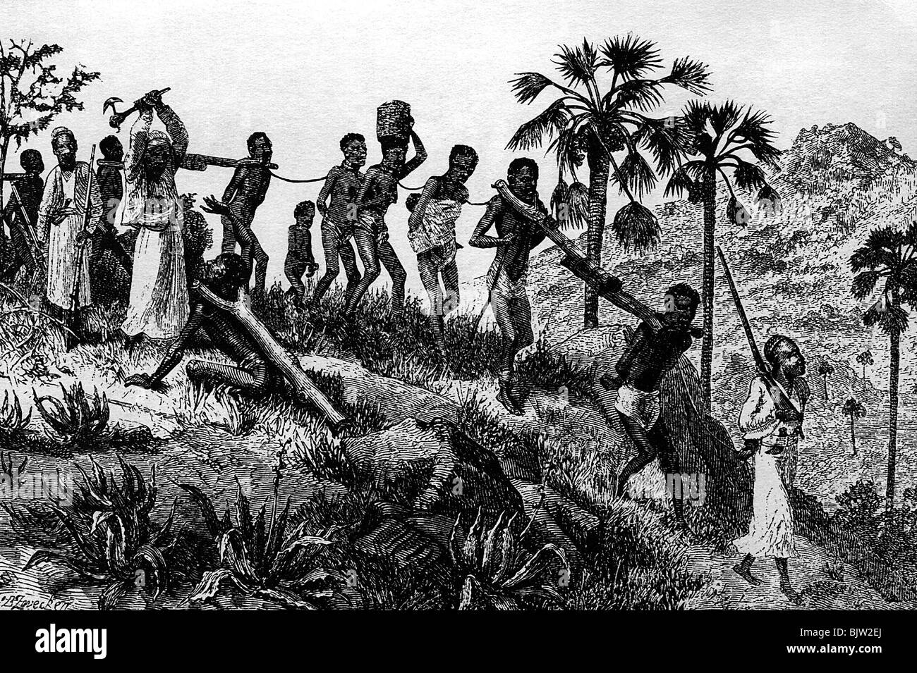 Schiavitù, schiavi catturati in Africa, dopo David Livingstone, incisione in legno di J. B. Zwecken, 19th secolo, storico, storico, commerciale, driver schiavo, nativo, indigeno, donna indigena, indigeni, popoli tribali, africani, etnici, etnologia, in catene, Foto Stock
