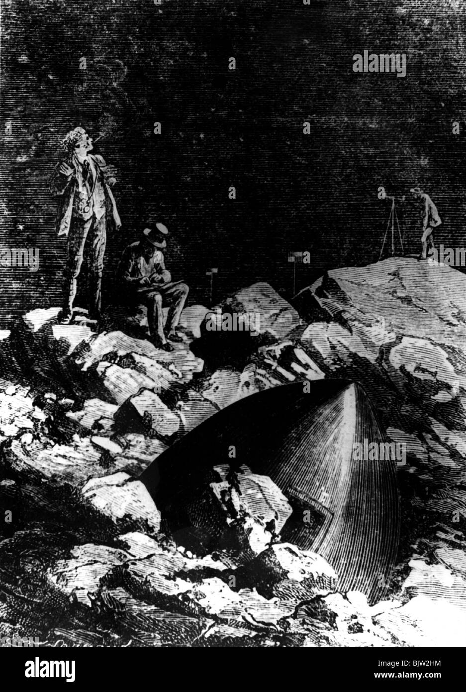 Astronautica, legno tagliato, illustrazione dal libro 'viaggio alla luna' di Jules Verne, Foto Stock